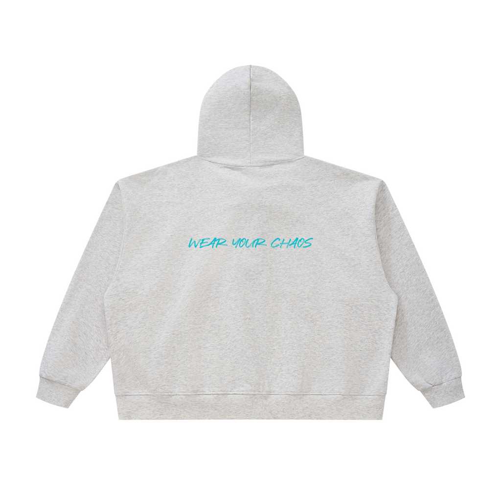 Wear Your Chaos Oversized Chunky-Zip Boxy Hoodie Adult Unisex Oat Gray w/Lake Blue