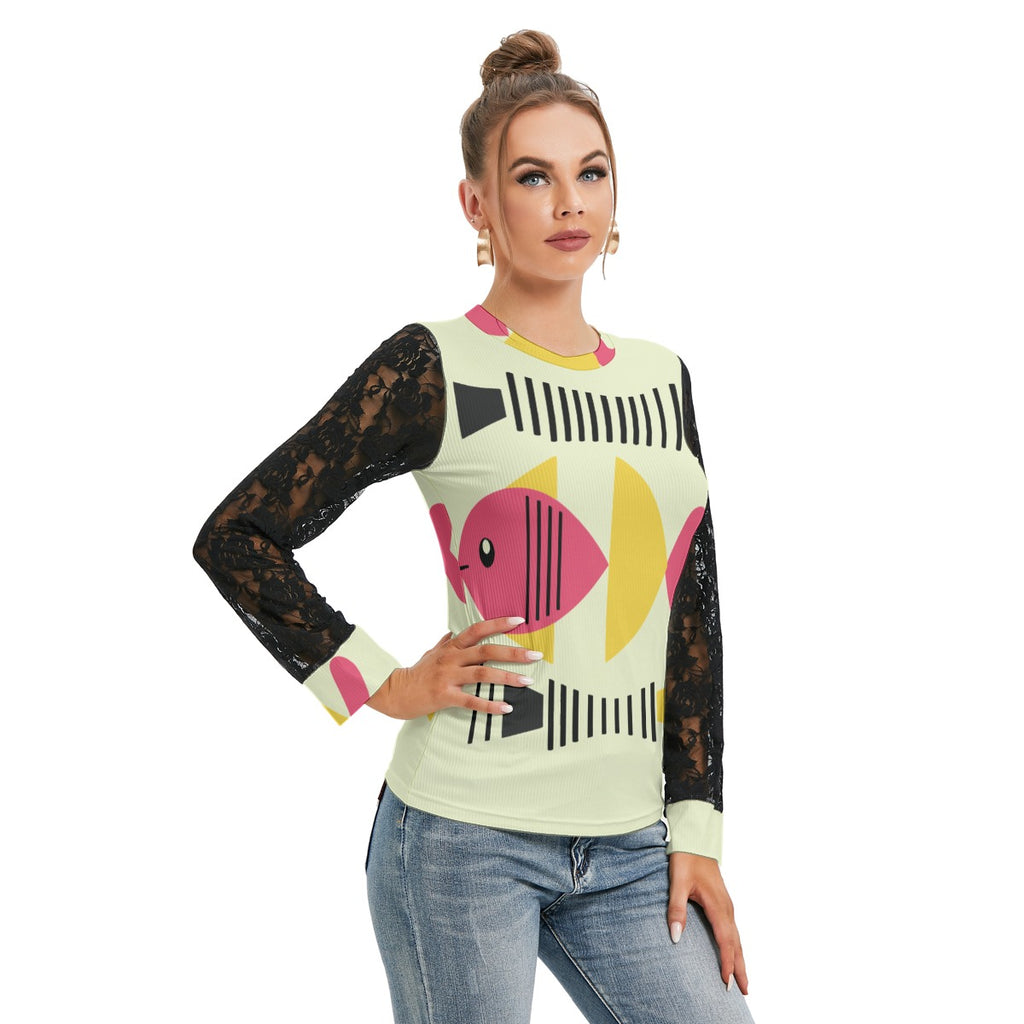 Crazy Fishlines Women's Shirt with Black Lace Sleeves