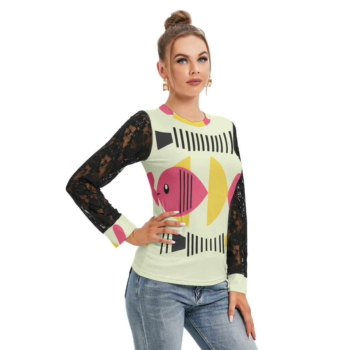 Crazy Fishlines Women's Shirt with Black Lace Sleeves