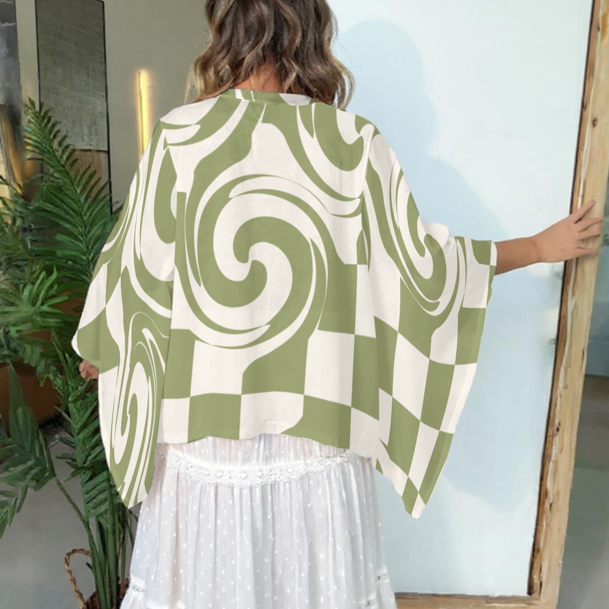 Women's Swirl/Check Boho Patchwork Kimono Sleeve Top