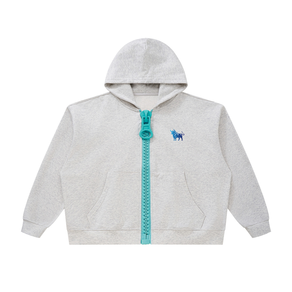 Wear Your Chaos Oversized Chunky-Zip Boxy Hoodie Adult Unisex Oat Gray w/Lake Blue