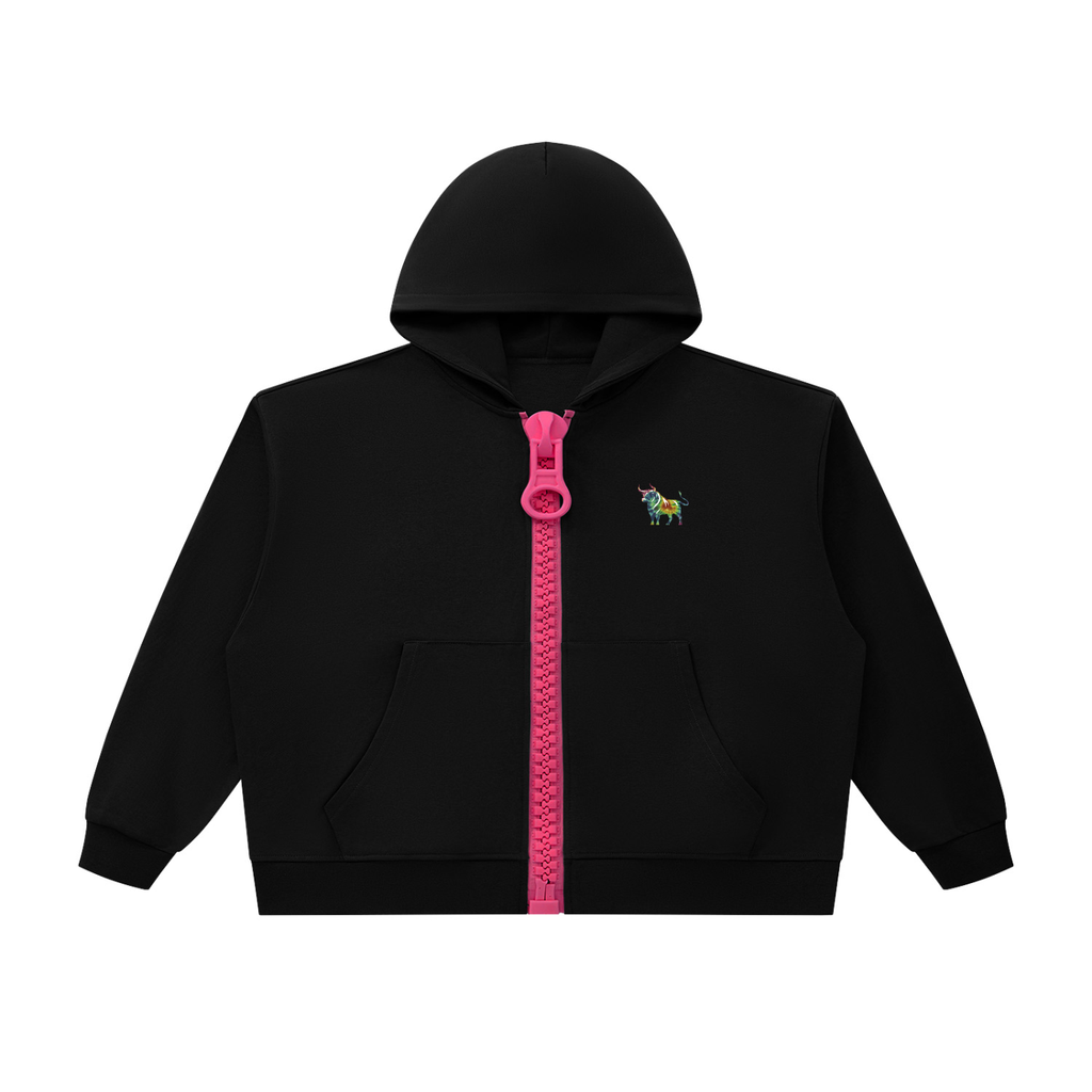Wear Your Chaos Oversized Chunky-Zip Boxy Hoodie Adult Unisex Black w/Rose Red